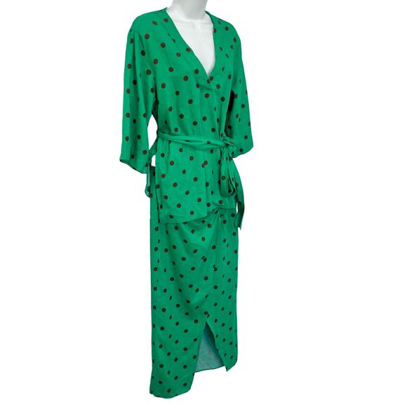 Zara Green Brown Polka Dot Midi Skirt Half Sleeve Top Set size S Blogger Fave - Picture 14 of 16